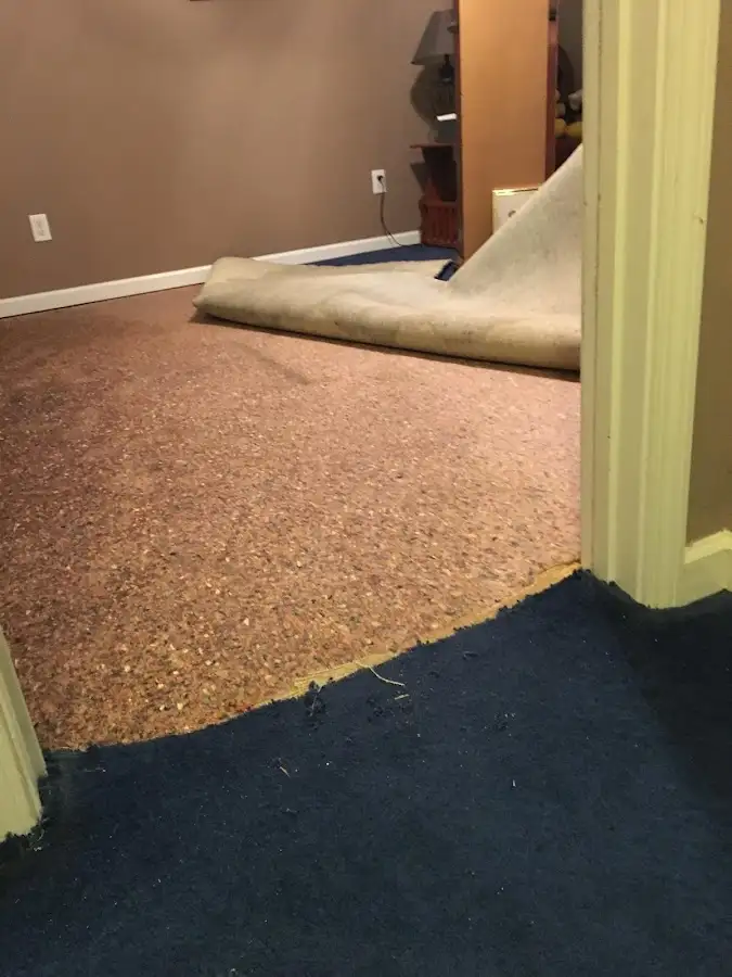 Carpet pad removal revealing water damage during Drying & Dehumidification in Madera